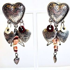 VTG Heart Earrings Waterfall Enamel clip Fun Flashy Dangle Statement Rare 80s 3"